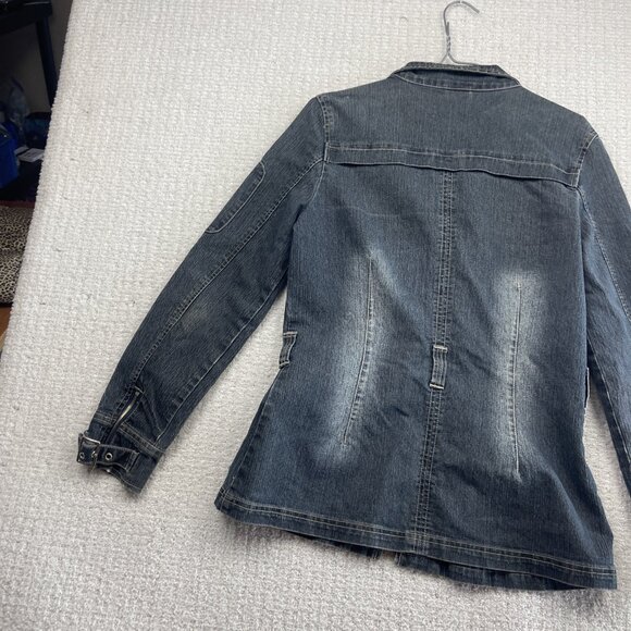 Y2K 725 Originals Dark Blue Denim Moto Cafe Racer Jacket Military Wom Sz S 2000s - Picture 13 of 13